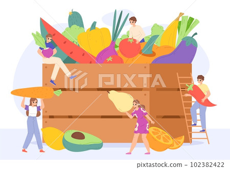 Fresh food box. Young people collect fruits and vegetables in wooden bin. Agriculture market, healthy lifestyle or vitamin diet, snugly vector concept Fresh food box. Young people collect fruits and vegetables in wooden bin. Agriculture market, healthy lifestyle or vitamin diet, snugly vector concept 102382422