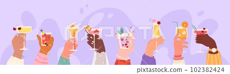 Friends hands holding cocktails. Mojito and margarita, cheers banner. Summer pool drink party, glass on wine and cocktail, snugly vector concept Friends hands holding cocktails. Mojito and margarita, cheers banner. Summer pool drink party, glass on wine and cocktail, snugly vector concept 102382424