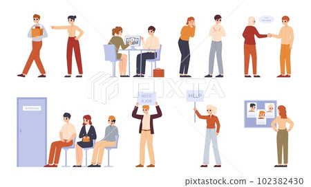 Office business troubles, unemployment people. Bankruptcy and financial problems. Overload and contempt, dismissal on work. Corporate snugly vector scenes 102382430