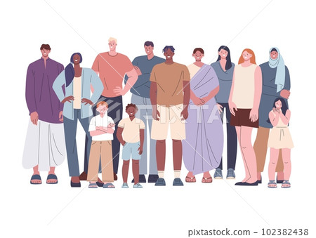 Friendly multi ethnic people, population or staff. Diverse community, flat group of adults and children together. International portrait kicky vector characters Friendly multi ethnic people, population or staff. Diverse community, flat group of adults and children together. International portrait kicky vector characters 102382438