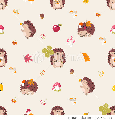 Hedgehog autumn seamless pattern. Fall hedgehogs, forest cartoon fabric print. Mushroom and leaves, baby creatures. Nowaday vector texture design 102382445