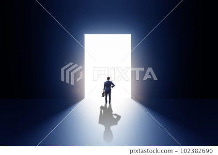 Businessman entering backlit door in escape concept Businessman entering backlit door in escape concept 102382690