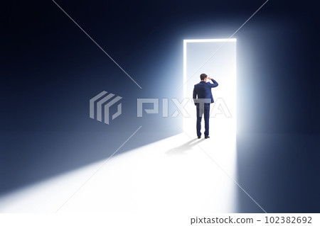 Businessman entering backlit door in escape concept Businessman entering backlit door in escape concept 102382692