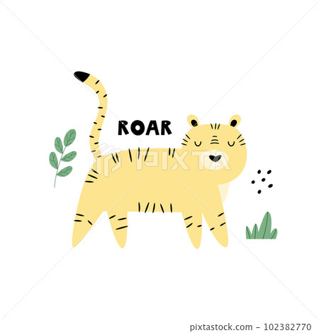 Vector illustration of a funny striped tiger and tropical leaves Vector illustration of a funny striped tiger and tropical leaves 102382770