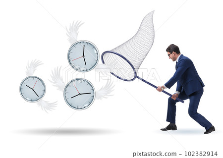 Deadline concept with businessman catching clocks Deadline concept with businessman catching clocks 102382914