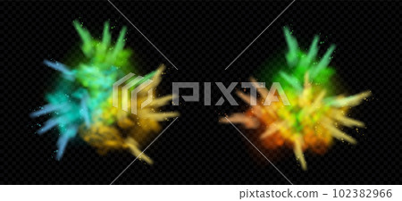 Holi paint powder color explosion realistic. Splash of paint dust with particles. Vector realistic set of burst effect of colorful powder clouds Holi paint powder color explosion realistic. Splash of paint dust with particles. Vector realistic set of burst effect of colorful powder clouds 102382966