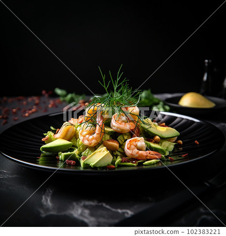Delicious fresh appetizing salad of avocado with shrimp, healthy food, close-up, isolated on black, Delicious fresh appetizing salad of avocado with shrimp, healthy food, close-up, isolated on black, 102383221