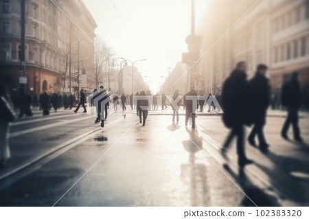 People walking at city street, motion blur effect. Generative AI People walking at city street, motion blur effect. Generative AI 102383320
