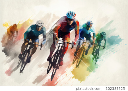 Cyclists team riding on bicycles, color drawing. Bike race banner. Generative AI 102383325