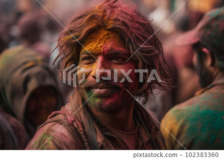 Smiling indian man in colorful powder celebrate Holi festival on people background. AI generative 102383360