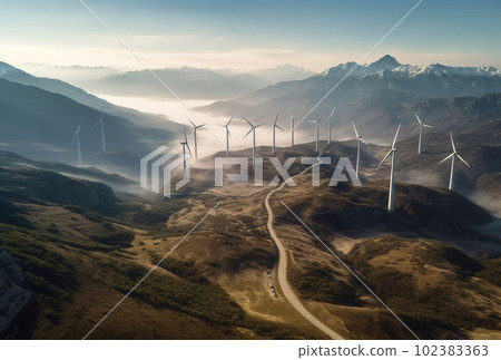 Windmills farm in beautiful mountain landscape. Ecological battery technologies. AI Generative Windmills farm in beautiful mountain landscape. Ecological battery technologies. AI Generative 102383363