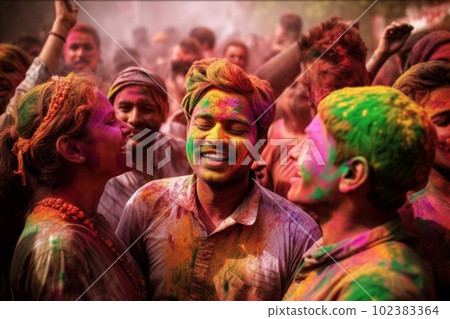 Happy indian people celebrate Holi festival by throwing colorful powder at each other. AI generative 102383364