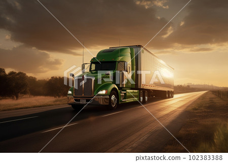 Truck with the cargo driving on highway in a sunset. Logistic delivery system. AI Generative 102383388