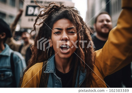 Woman activist screaming in protest with a group of protestors during a strike. AI generative Woman activist screaming in protest with a group of protestors during a strike. AI generative 102383389