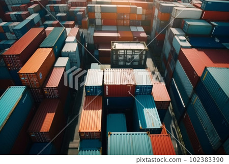 Stack of freight shipping containers in port, cargo shipping terminal. AI generative. Stack of freight shipping containers in port, cargo shipping terminal. AI generative. 102383390