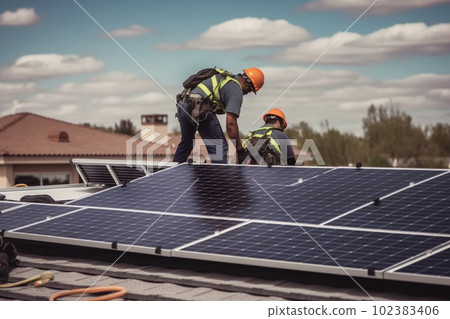 Technician engineer workers installing solar panels on the house roof. AI generative Technician engineer workers installing solar panels on the house roof. AI generative 102383406