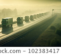 Trucks with the cargo driving on highway in a fog. Logistic delivery system. AI Generative 102383417