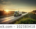 Truck with the cargo driving on highway in a sunset. Logistic delivery system. AI Generative 102383418