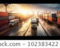 Container trucks in crowded port. Cargo unloading from bulk cargo ships and planes. Generative AI 102383422