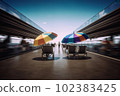 Platform with seats and rainbow umbrellas on open air at sunny day. AI Generative 102383425