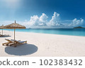 Paradise beach with sunbeds and umbrellas and turquoise water. Vacation concept. AI Generative 102383432