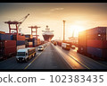 Container trucks in crowded port. Cargo unloading from bulk cargo ships and planes. Generative AI 102383435