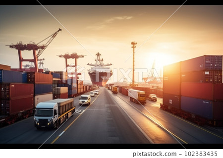 Container trucks in crowded port. Cargo unloading from bulk cargo ships and planes. Generative AI 102383435
