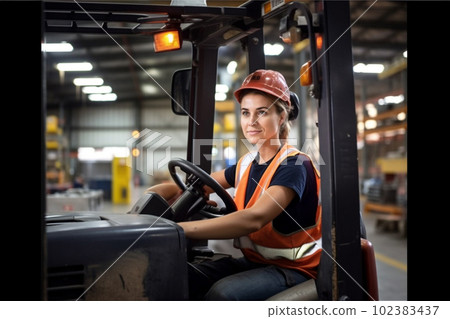 Portrait of smiling woman working with a forklift in a warehouse. Generative AI Portrait of smiling woman working with a forklift in a warehouse. Generative AI 102383437