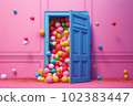 A blue door opens and a bunch of multicolored balloons flying out of it. AI generative  102383447