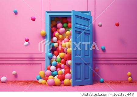 A blue door opens and a bunch of multicolored balloons flying out of it. AI generative  102383447
