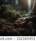 Human hands holding young plant against spring green background. Ecology concept. AI generative 102383453