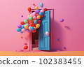 A blue door opens and a bunch of multicolored balloons flying out of it. AI generative  102383455