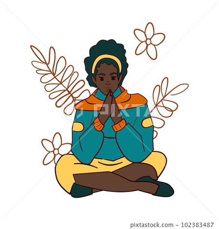 Girl sitting in lotus position with folded hands Cartoon art 102383487