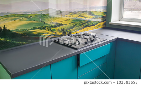 Kitchen interior design. Sink, cooker hood. Petroleum color. 102383655