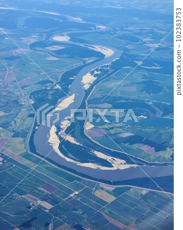 Aerial view of Mississippi River and surrounding fields near Memphis Tennessee. Aerial view of Mississippi River and surrounding fields near Memphis Tennessee. 102383753
