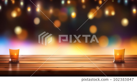 Empty wooden table top on blurred abstract bright bokeh background. Empty wooden table top on blurred abstract bright bokeh background. 102383847