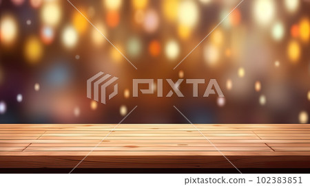 Empty wooden table top on blurred abstract bright bokeh background. 102383851