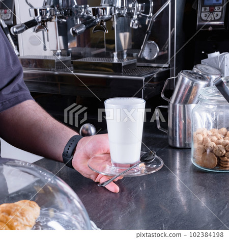 Barista making cappuccino, bartender preparing coffee drink Barista making cappuccino, bartender preparing coffee drink 102384198