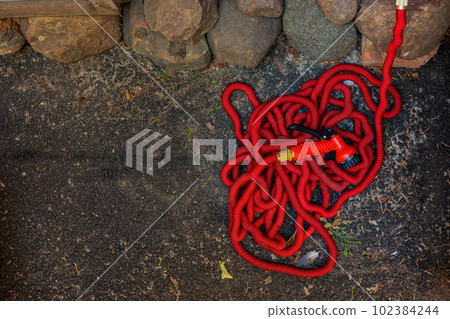 red hose for watering plants or for cleaning and washing sidewalks. color tool for watering flowers red hose for watering plants or for cleaning and washing sidewalks. color tool for watering flowers 102384244
