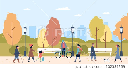 People walking in autumn park with puppy and child. Family outdoor time, rest and play in city garden in fall. Active lifestyle recent vector scene People walking in autumn park with puppy and child. Family outdoor time, rest and play in city garden in fall. Active lifestyle recent vector scene 102384269
