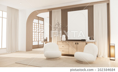 Muji minimalist, Sofa furniture and modern room design minimal.3D rendering Muji minimalist, Sofa furniture and modern room design minimal.3D rendering 102384684