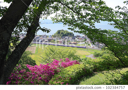 從高台出雲之嶺之丘公園眺望沿著中海海岸線行駛的特快八雲（繪畫風格） 102384757