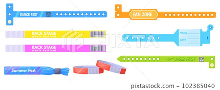Plastic bracelets. Bracelet vip entry to backstage party, concert festival event access, wristband entrance pass control Plastic bracelets. Bracelet vip entry to backstage party, concert festival event access, wristband entrance pass control 102385040