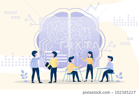 In the meeting, business people discuss and trend in artificial intelligence (AI) technology.  102385227