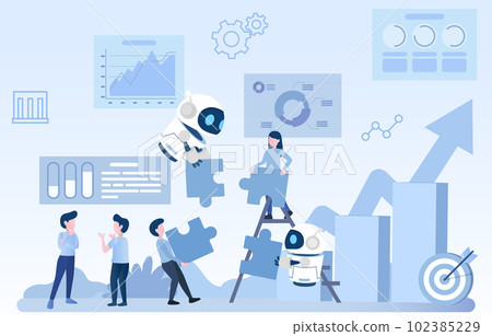Collaboration between human and ai robot to achieve a common goals. Collaboration between human and ai robot to achieve a common goals. 102385229