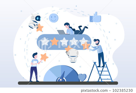 Collaboration between robots and humans analyzing data for improving customer satisfaction. Customer satisfaction concept. Collaboration between robots and humans analyzing data for improving customer satisfaction. Customer satisfaction concept. 102385230