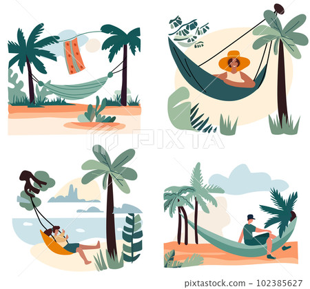 Individuals unwinding and resting in hammocks during a summertime getaway. Engaging in leisure activities such as reading, or working while suspended in cozy swings, surrounded by natures beauty 102385627