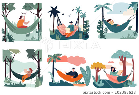 Individuals unwinding and resting in hammocks during a summertime getaway. Engaging in leisure activities such as reading, or working while suspended in cozy swings, surrounded by natures beauty 102385628