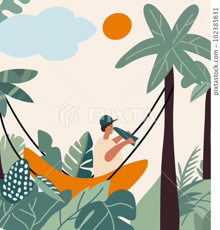 Young man lounging in beach hammocks, enjoying summer retreats and look through binoculars. Relishing leisure moments or staying productive in comfortable hanging swings. Vector Young man lounging in beach hammocks, enjoying summer retreats and look through binoculars. Relishing leisure moments or staying productive in comfortable hanging swings. Vector 102385631