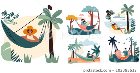 Individuals lounging in beach hammocks, enjoying summer retreats and outdoor gatherings.Relishing leisure moments or staying productive in comfortable hanging swings,embraced by the picturesque nature Individuals lounging in beach hammocks, enjoying summer retreats and outdoor gatherings.Relishing leisure moments or staying productive in comfortable hanging swings,embraced by the picturesque nature 102385632